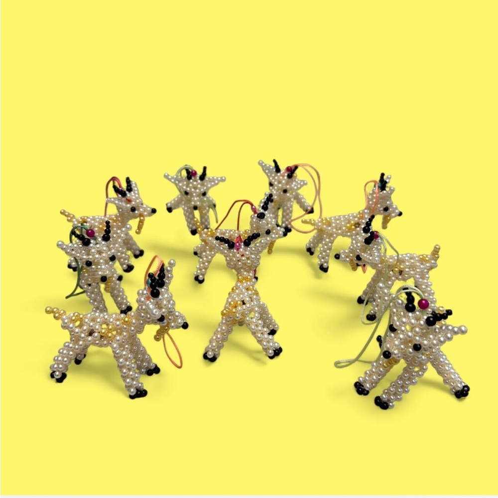 Set of 10 Handmade Beaded Reindeer Christmas Ornaments – Yellow/Gold